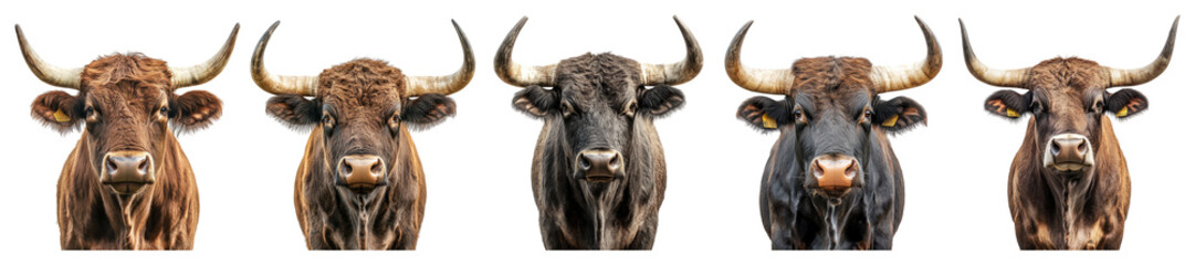 Naklejka premium Group of Five Colorful Cows with Unique Facial Features and Expressions, PNG bundle collection, Isolated on Transparent Background