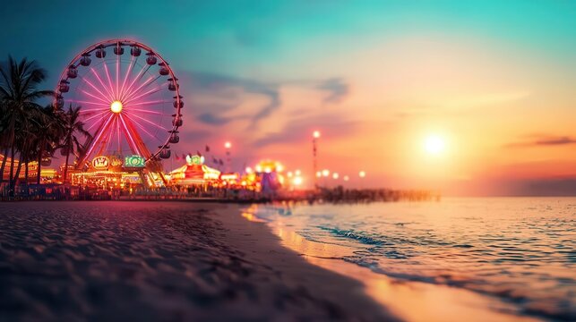 Highenergy theme park with Ferris wheel and neon arcade lights, green screen background