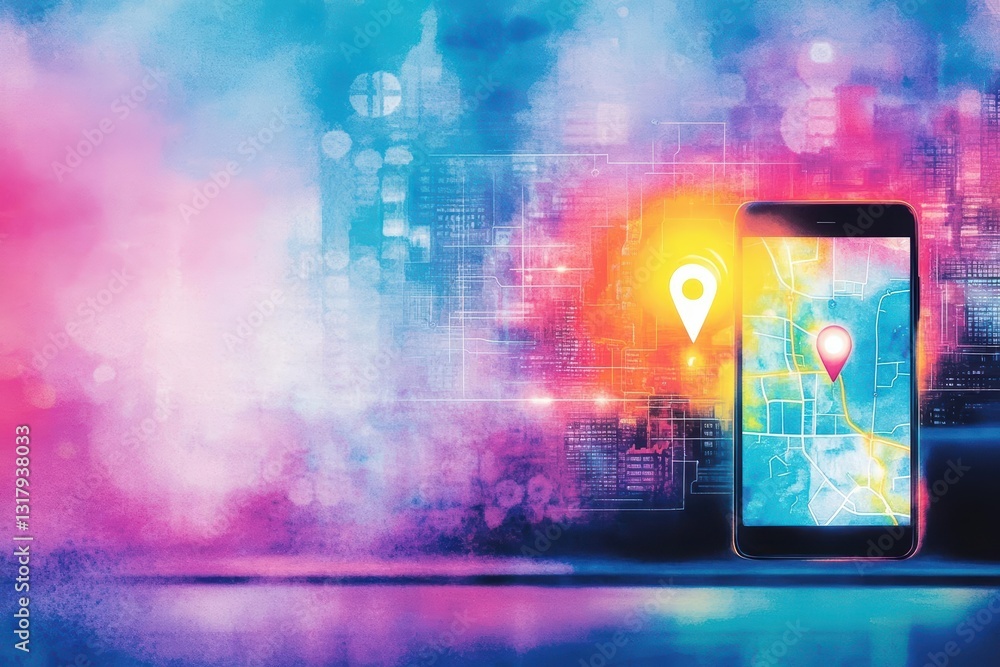 Aufkleber smartphone displaying detailed map navigation in urban environment with modern architecture and busy