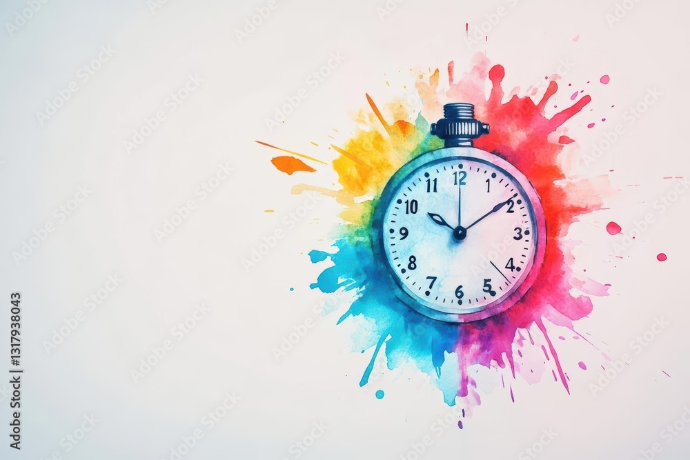 Poster artistic clock displayed with a colorful splash of paint creating a unique fusion of timekeeping and