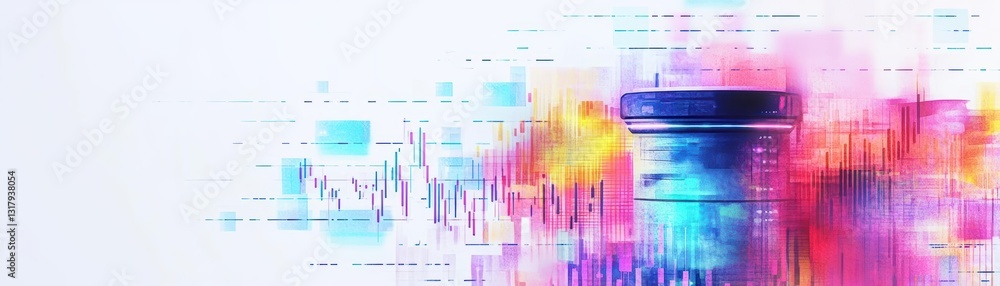 Poster vibrant abstract background showcasing bright colors and dynamic patterns with a clear water bottle 
