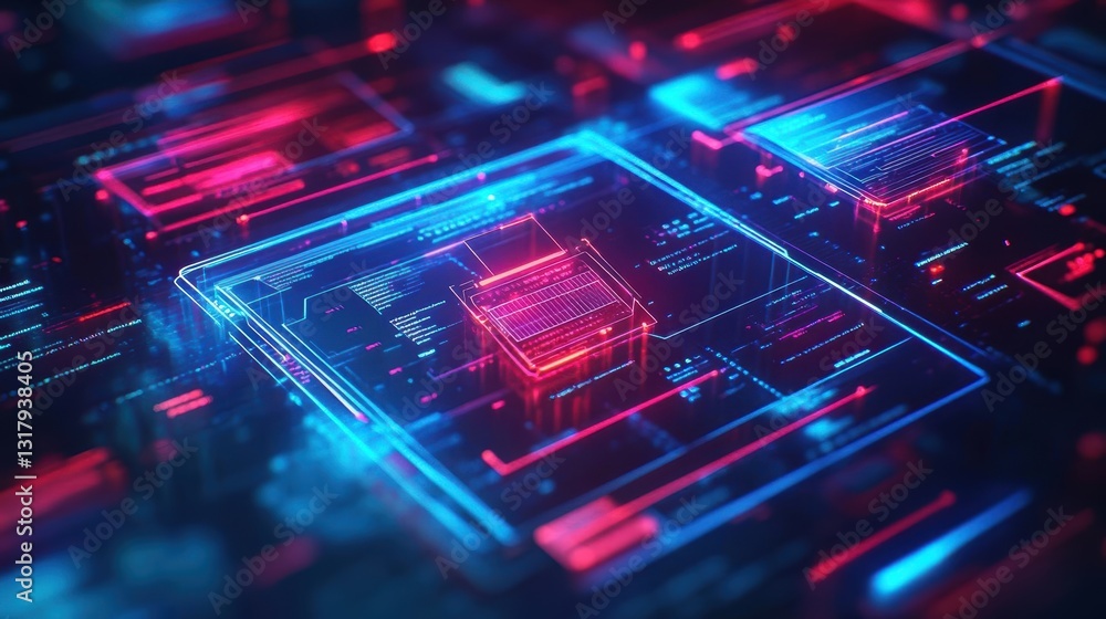 Poster intricate computer circuitry illuminated by vibrant red and blue lights displaying the fusion of tec