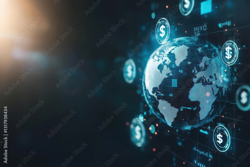 Poster a detailed visual representation of a globe featuring a bitcoin icon symbolizing global finance and 