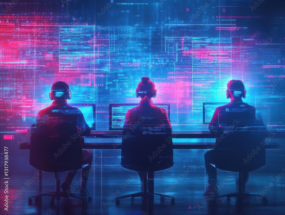 Poster two people collaborating in front of a computer screen surrounded by a vibrant colorful background c