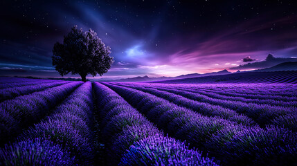 Fototapeta premium Endless Lavender Field Under Twilight Sky with Purple Blooms Fading into Dusk in Rural Landscape Photography 