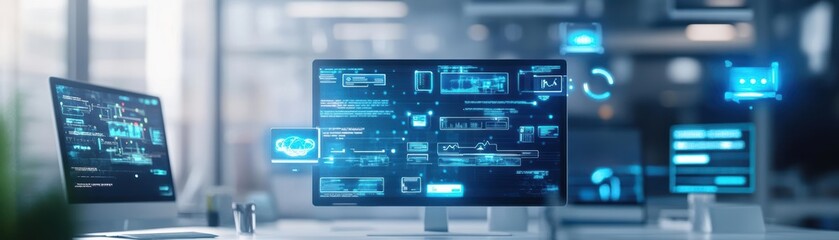 Computer Screen Displaying Blue Screen Error with a Dark Background Creating an Atmosphere of Frustration and Technical Challenge in Office Setting