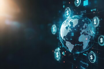 Fototapeta premium A Detailed Visual Representation of a Globe Featuring a Bitcoin Icon Symbolizing Global Finance and Digital Currency in a Modern Economic Context