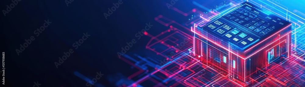 Poster futuristic cube emitting vibrant red and blue light against a dark background creating a captivating