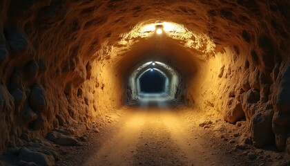 Dimly lit underground tunnel with rough exposed rock walls. Overhead lights illuminate pathway at...