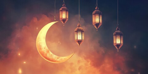 Ramadan Kareem Illustration with Crescent Moon and Islamic Lanterns Design