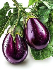 Fresh, vibrant purple eggplants with leaves