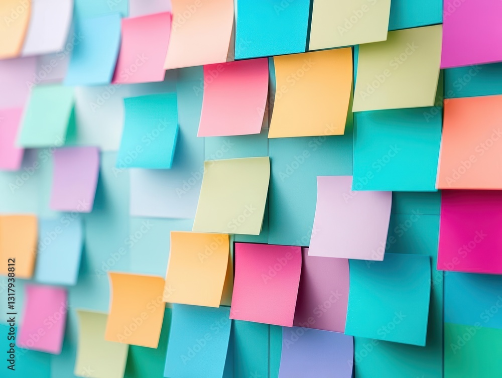 Poster vibrant and colorful sticky notes arranged artistically on a wall creating a dynamic visual display 