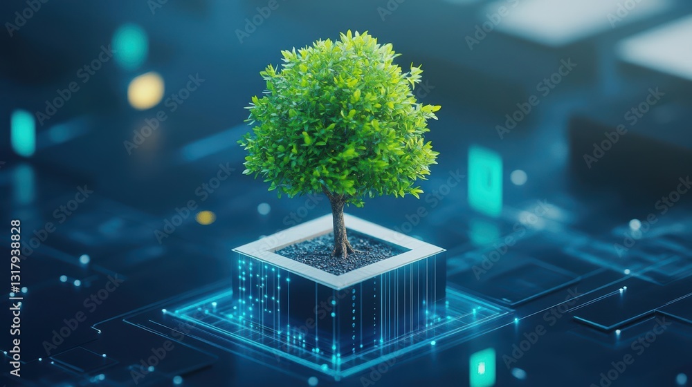 Poster An Intriguing Concept of Nature and Geometry with a Tree Majestically Growing from a Solid Cube Symbolizing Harmony between Earth and Structure