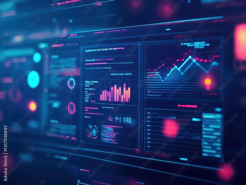 Poster computer screen displaying detailed graphs and charts representing data analysis and trends in a pro