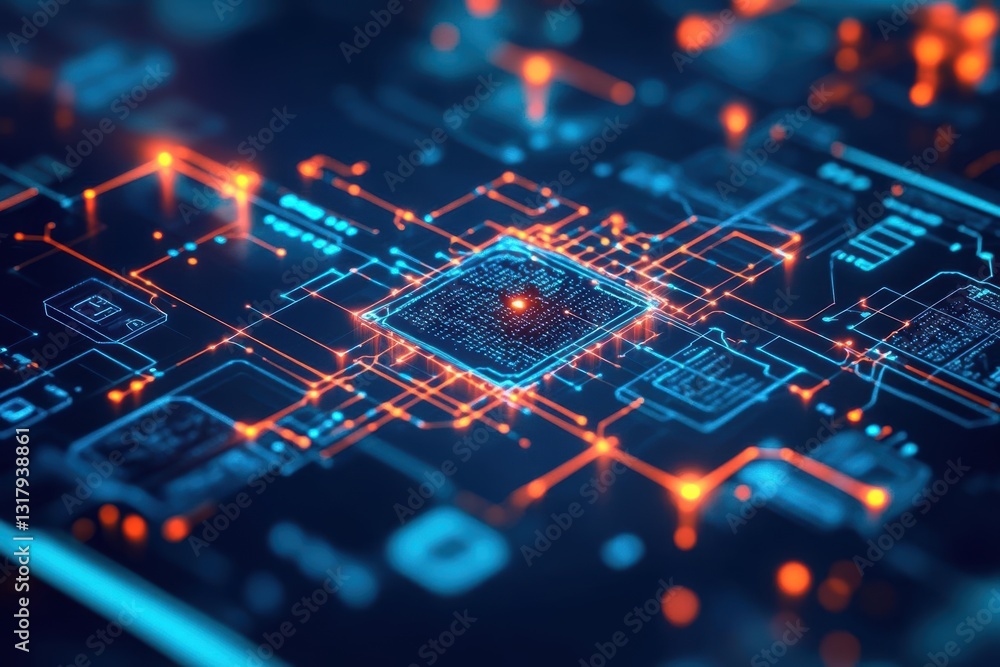 Poster intricate circuit board design showcasing detailed electrical pathways and components in a modern te