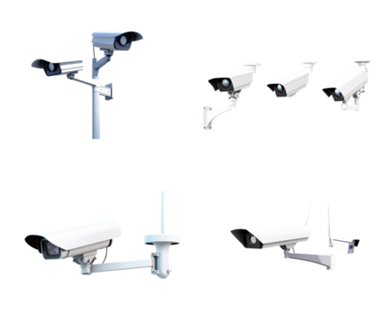 CCTV Concept: Surveillance system for security, designed with cut-out imagery, focusing on cameras and monitoring equipment, set in a transparent or minimalistic background.


