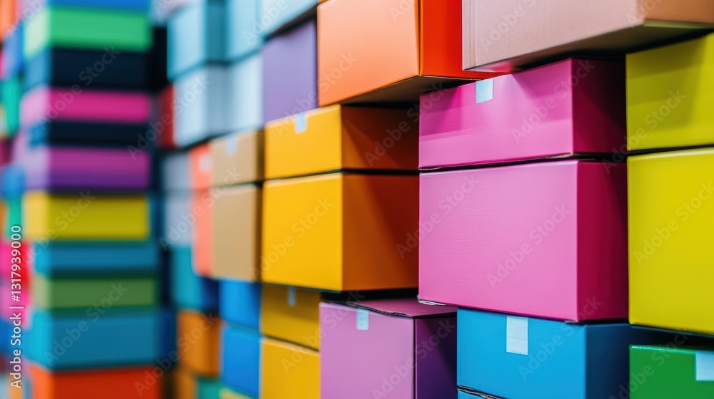 Poster vibrant stacked colorful boxes creating a playful and dynamic arrangement in an artistic display of 