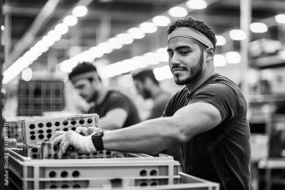 Poster focused man operating industrial machine in busy factory environment showcasing dedication craftsman