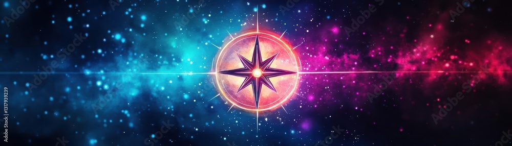 Poster futuristic starship navigating through vibrant cosmic nebula with twinkling stars creating a sense o