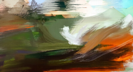 Abstract painting with bold brushstrokes in earthy tones of brown, orange, and green, highlighted by white and muted green shades.  Texture and movement are suggested.
