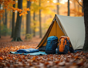 Camping equipment tent, backpacks, sleeping bag set up amidst autumn foliage in forest. Serene nature scene perfect for weekend getaway, relax, enjoy fresh air, explore wilderness in camp.