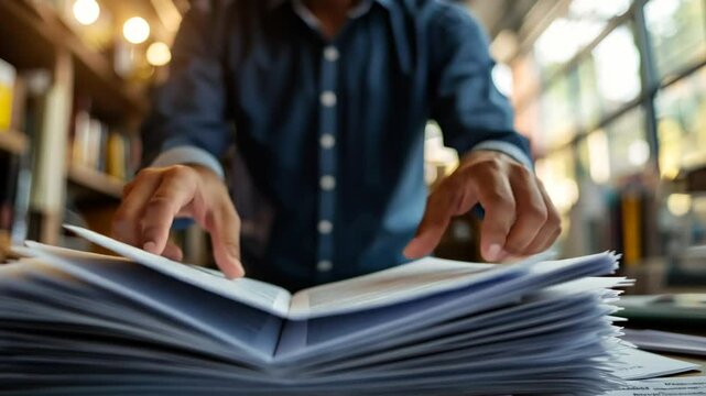 Man meticulously reviewing large stack of documents in warm library setting