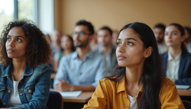 Multiethnic students attentively listening lecture in auditorium. Concentrated young learners sitting at desks. Education at university college. Academic session. Group of diverse classmates in - Powered by Adobe
