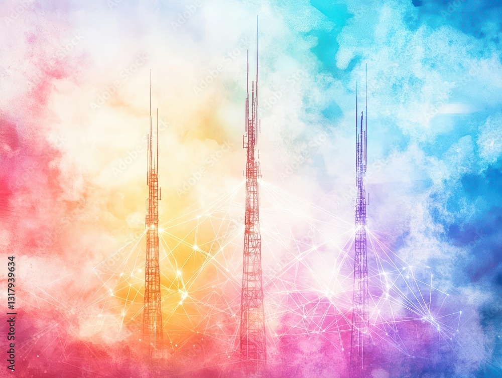 Poster vibrant abstract background featuring tower silhouette intertwined with colorful lines creating a dy