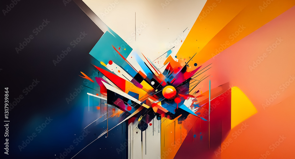 Poster abstract explosion of colors and geometric shapes. dynamic and energetic composition against contras