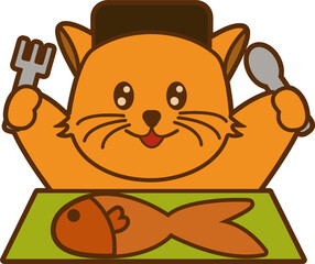 Cute Orange Cat Ready to Eat Dinner Iftar Ramadan Illustration