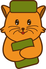 Cute Orange Cat Wearing a Black Cap Hugging a Green Holy Book for Ramadan Illustration