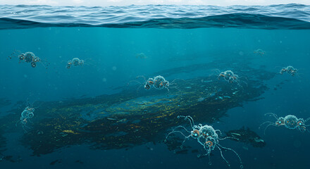 Fototapeta premium Microscopic Autonomous Robots Cleaning Up Ocean Oil Spills