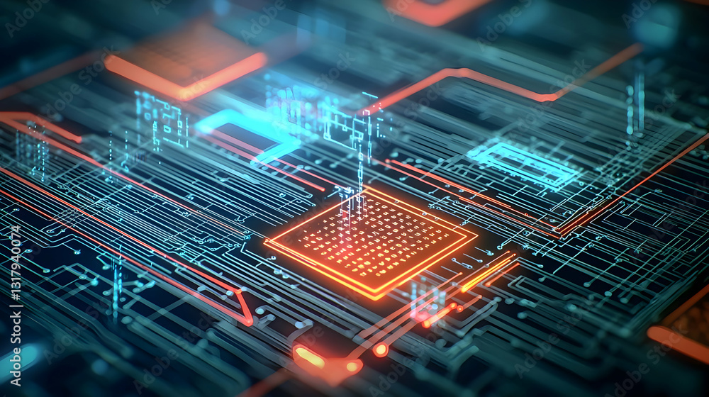 Poster glowing orange microchip on blue circuit board with data flowing futuristic technology