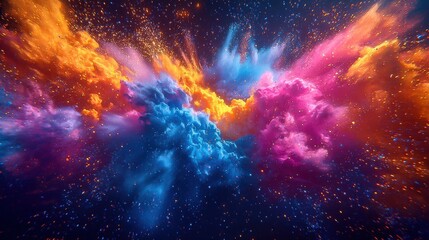 Naklejka premium Vibrant abstract explosion of colorful powders on a striking black spectrum frame with bursts of yellow, orange and violet hues amidst motion and freeze effects, incorporating magenta accents.