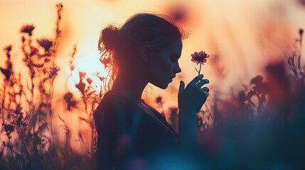 Silhouette of Woman in Sunset Field with Flower