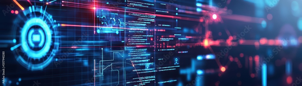 Poster vibrant computer screen displaying striking blue and red background with abstract patterns creating 