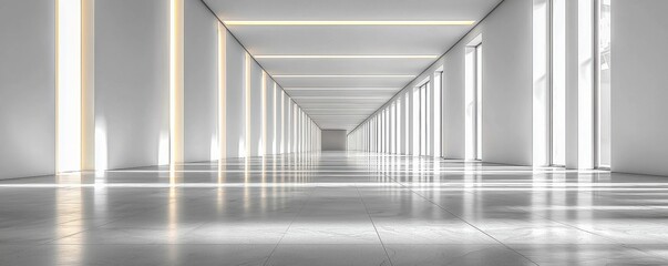 Obraz premium Modern White Room Design with Empty Grey Background, Vertical Light Slits on Ceiling and Wall Accent, Featuring a Large Open Space Filled with Clean Copy Space