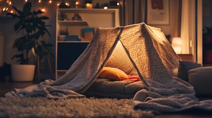 Cozy Indoor Fort: A Child's Nighttime Haven, Lit by Warm Lights in a Living Room Setting