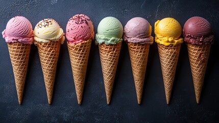 collection of ice cream cones showcasing a range of flavors and cone styles