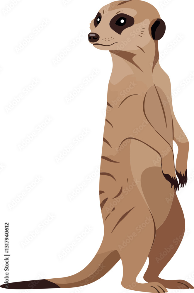 Poster a curious meerkat standing upright with a playful expression in a flat vector art style showcasing i