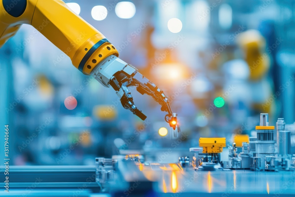 Poster futuristic robotic hand skillfully assembling components with precision and efficiency in a high-tec