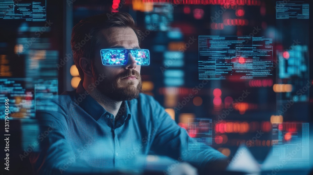 Poster man engaged in virtual reality experience wearing innovative glasses while interacting with digital 
