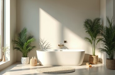 Bright modern bathroom interior. White bath with green palm branches. Sunlight from large window. Spa still life with bathtub, candles and plants in pots. Wellness concept. Residential design.