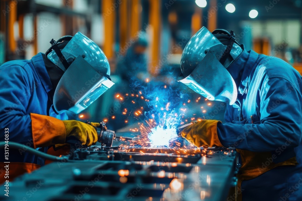 Poster dynamic scene of two welders engaged in precision welding work inside a busy industrial factory crea