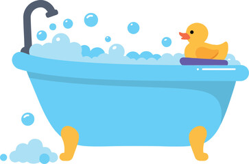 Naklejka premium A cheerful rubber duck floating in a bubbly blue bathtub, designed in a minimal flat style, perfect for playful vector art