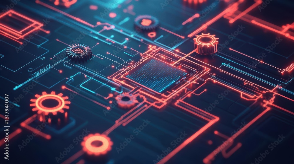 Poster intricate computer circuit board illuminated by a vibrant red light creating a modern and high-tech 