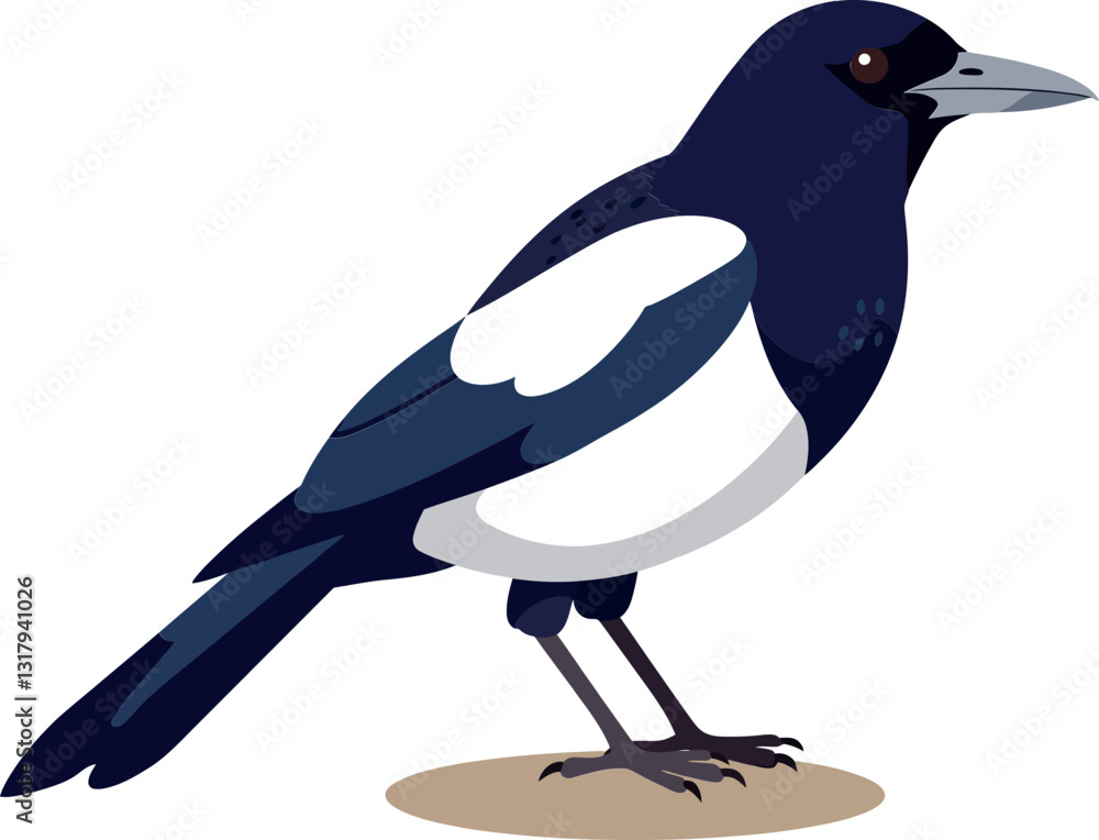 Poster a striking black and white magpie perched gracefully on a simple ground in flat vector art style sho