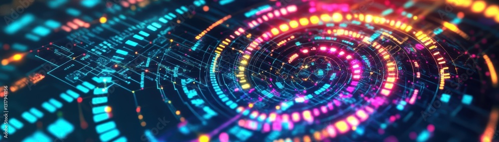 Poster vibrant abstract technology background featuring colorful circles and dynamic lines creating a moder