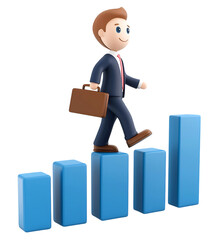 3d male character climbing up the growth chart icons on transparent background