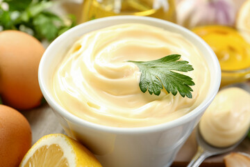 Delicious mayonnaise sauce in bowl and ingredients on table, closeup